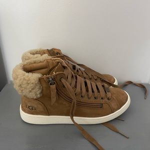 Ugg winter sneaker. High top. Tan. With fur on the heal